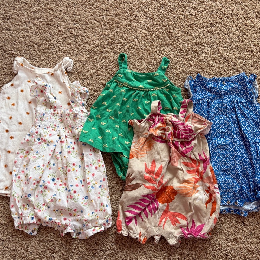 18MCarter's Green, Blue, White, Pink, Orange Floral & Patterned Baby Romper Sets